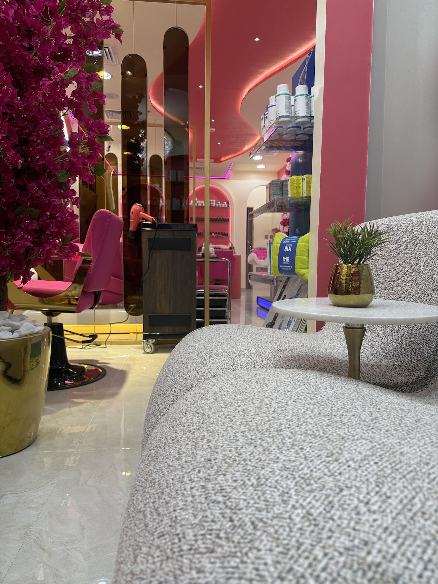 Soft waiting lounge inside the salon