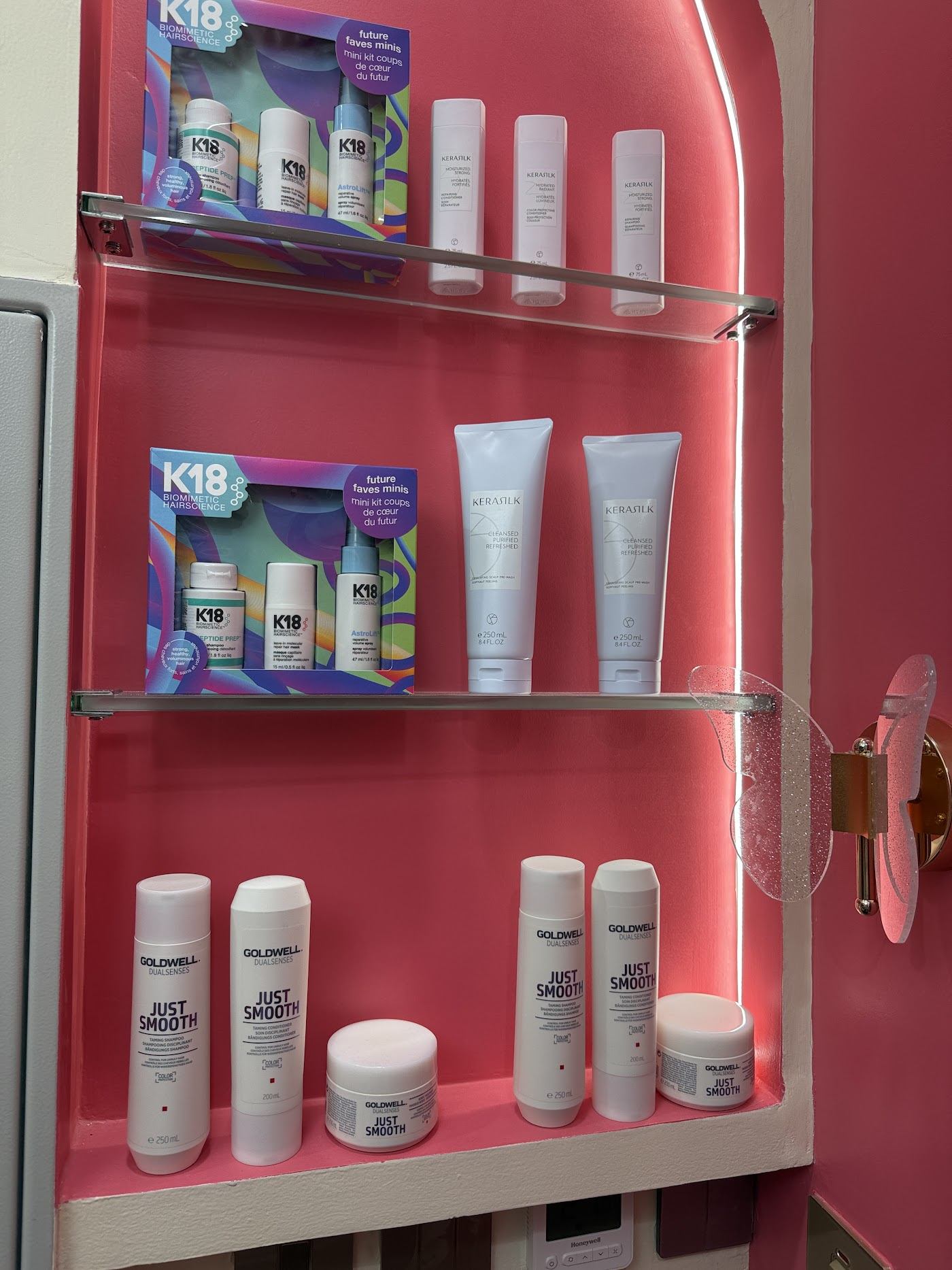 Pink shelves of professional care products